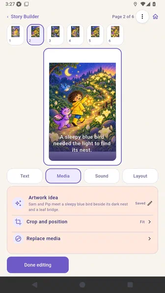 Page two editor showing the accepted AI illustration with its original page text