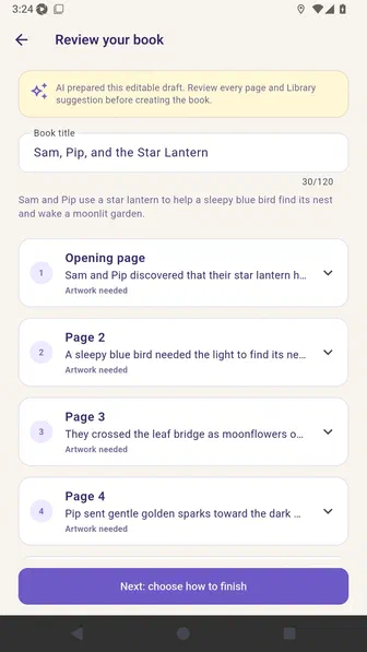 Review your book screen with the generated title, summary, and six-page plan
