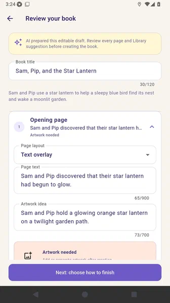Expanded opening page showing editable page text, artwork idea, and Caption page layout